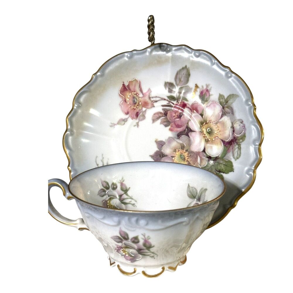 Vintage Rose Moriage Imperial Crown Footed Gold Trim Teacup and Saucer Germany